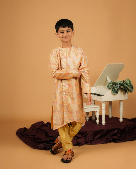 Golden Bandhgala Angarkha Kurta With Patiala Set For Kids