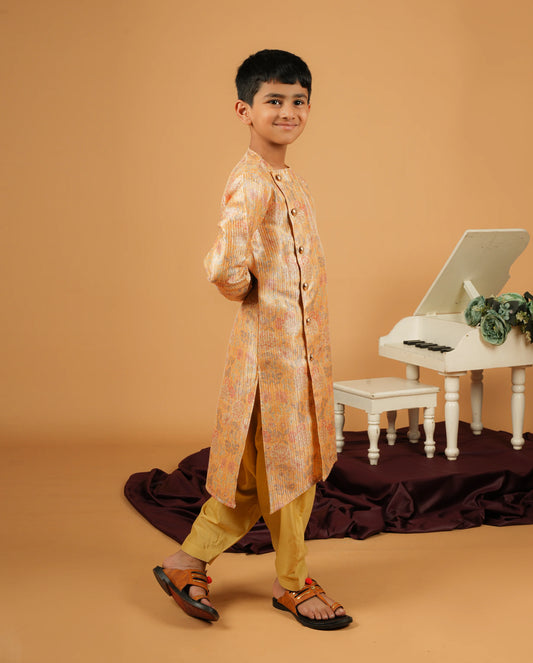 Golden Bandhgala Angarkha Kurta With Patiala Set For Kids