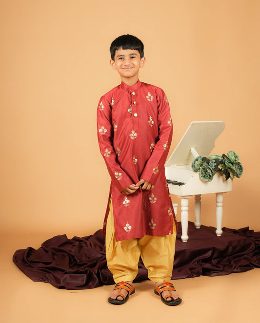 Embroidered Silk Kurta With Golden Patiala Set For Kids