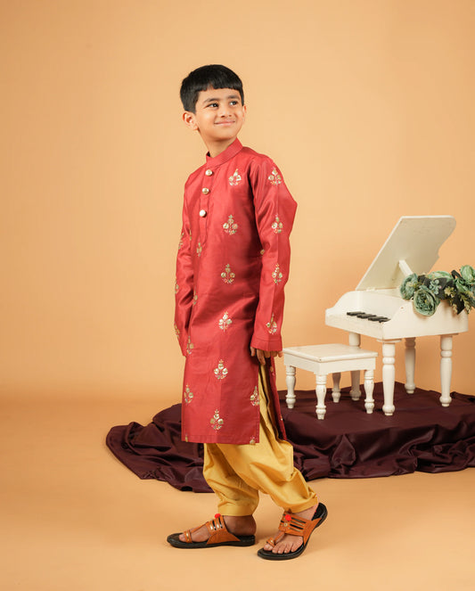 Embroidered Silk Kurta With Golden Patiala Set For Kids