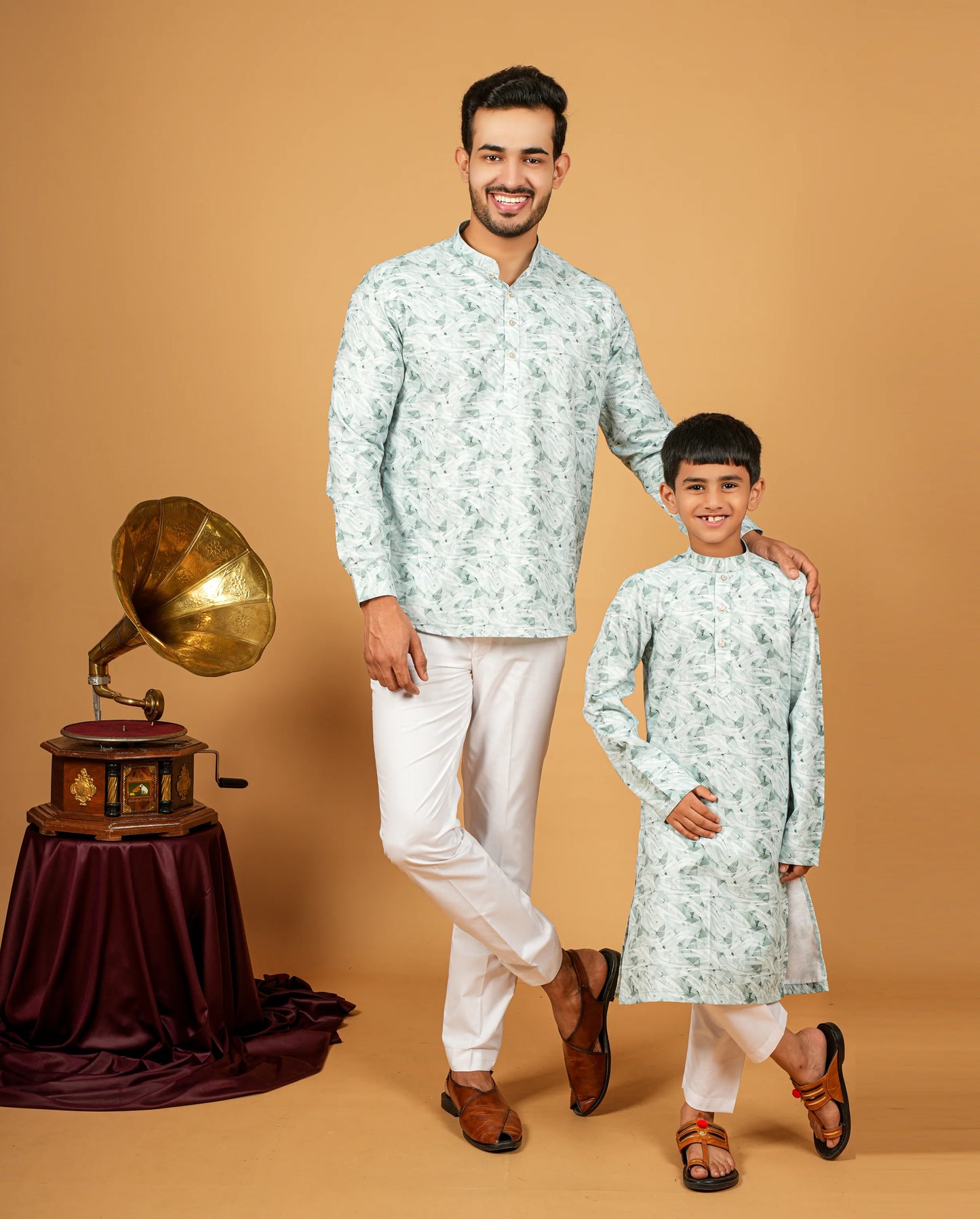 Classic Honeydew Green Short Kurta Set For Dad & Son