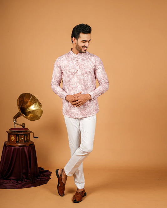 Digital Abstract Swirl Print or Textured Ornamental Pattern Short Kurta for Men