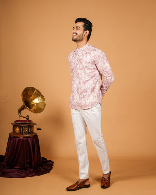 Digital Abstract Swirl Print or Textured Ornamental Pattern Short Kurta for Men