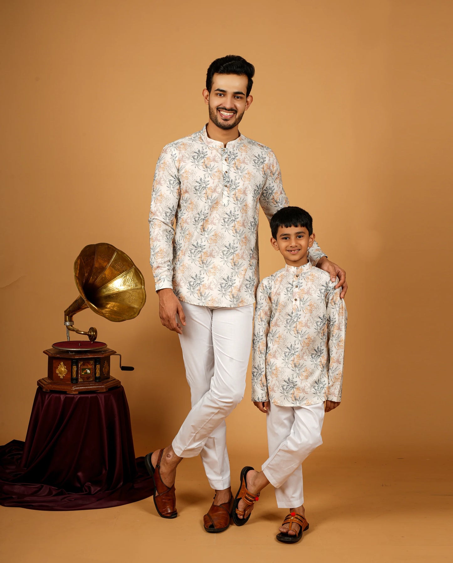 Premium Bright Cream Digital Printed Kurta Set For Dad & Son