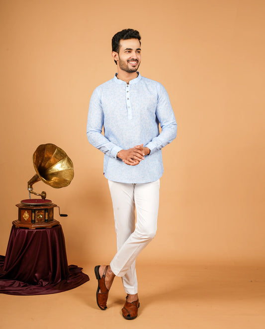 Monotone Leaf Motif Print Short Kurta for Men