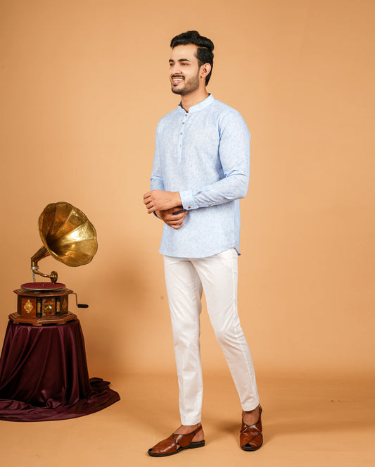 Monotone Leaf Motif Print Short Kurta for Men