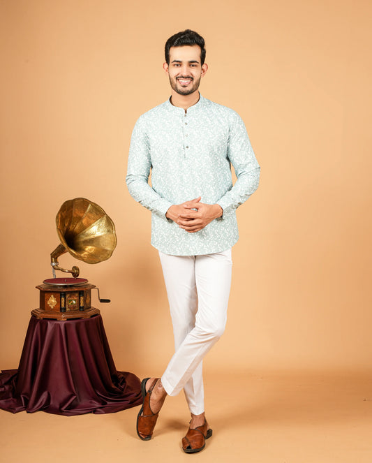 Botanical Leaf Print Short Kurta for Men