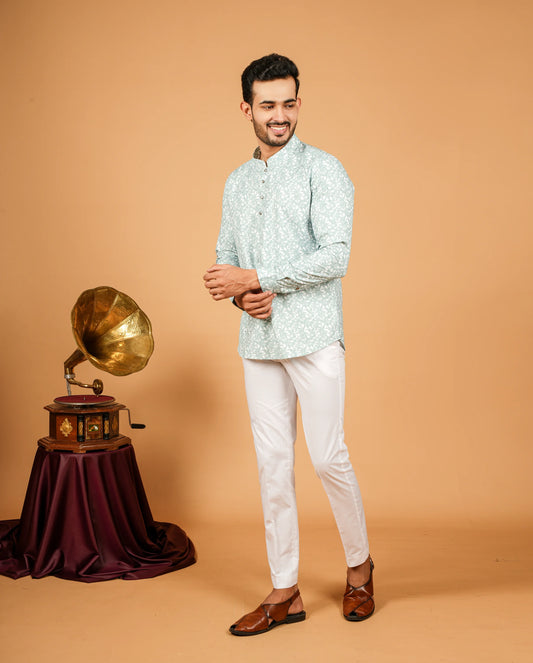 Botanical Leaf Print Short Kurta for Men