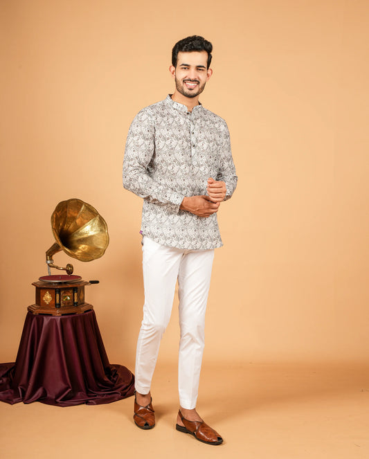 Mughal-Style Botanical Print Short Kurta for Men