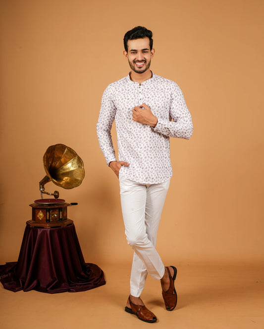 leaf print white short kurta for men