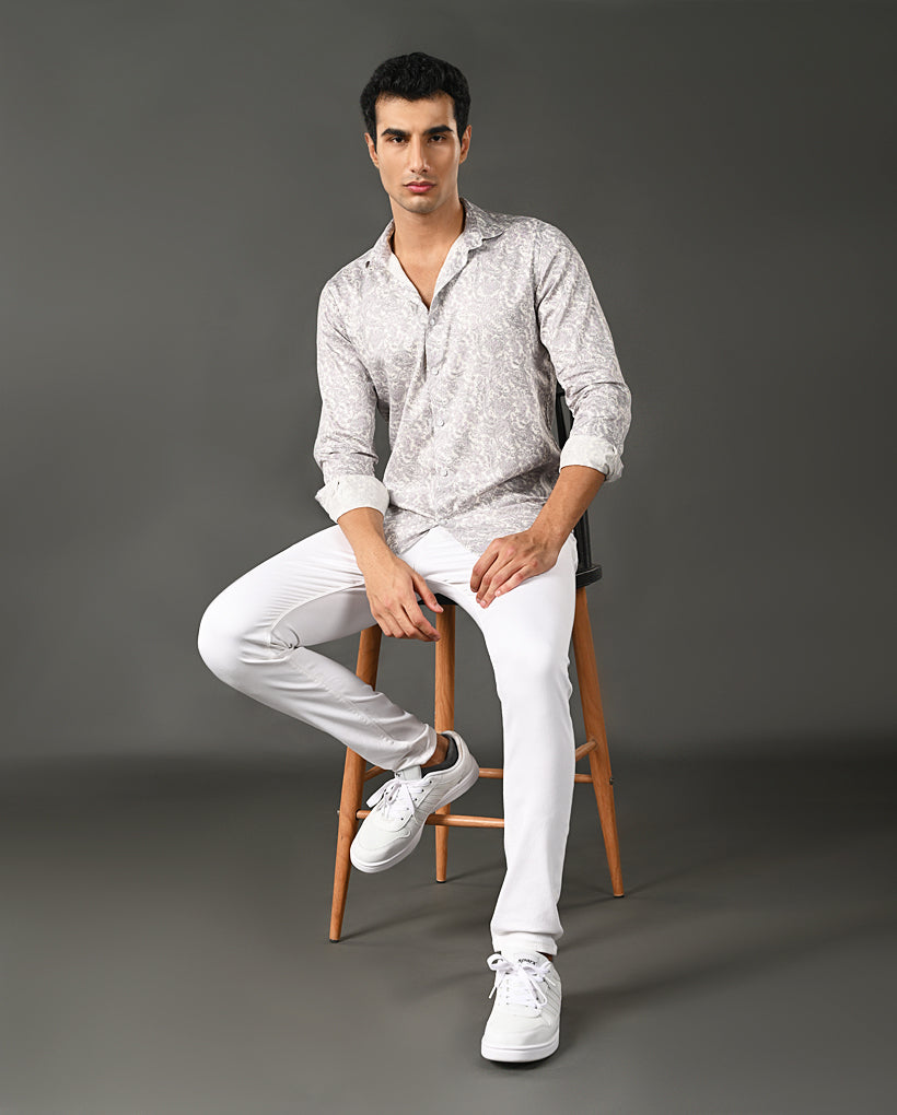 Mens Casual Pearl Cotton Blend Shirt with Grey Print