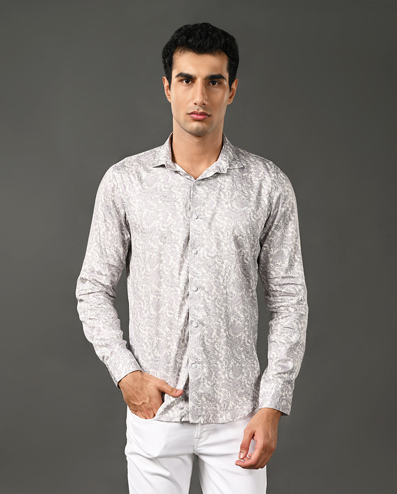 Mens Casual Pearl Cotton Blend Shirt with Grey Print