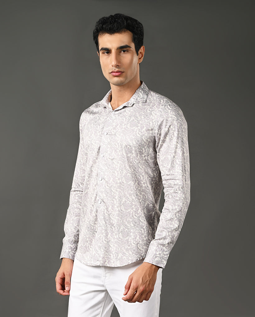 Mens Casual Pearl Cotton Blend Shirt with Grey Print