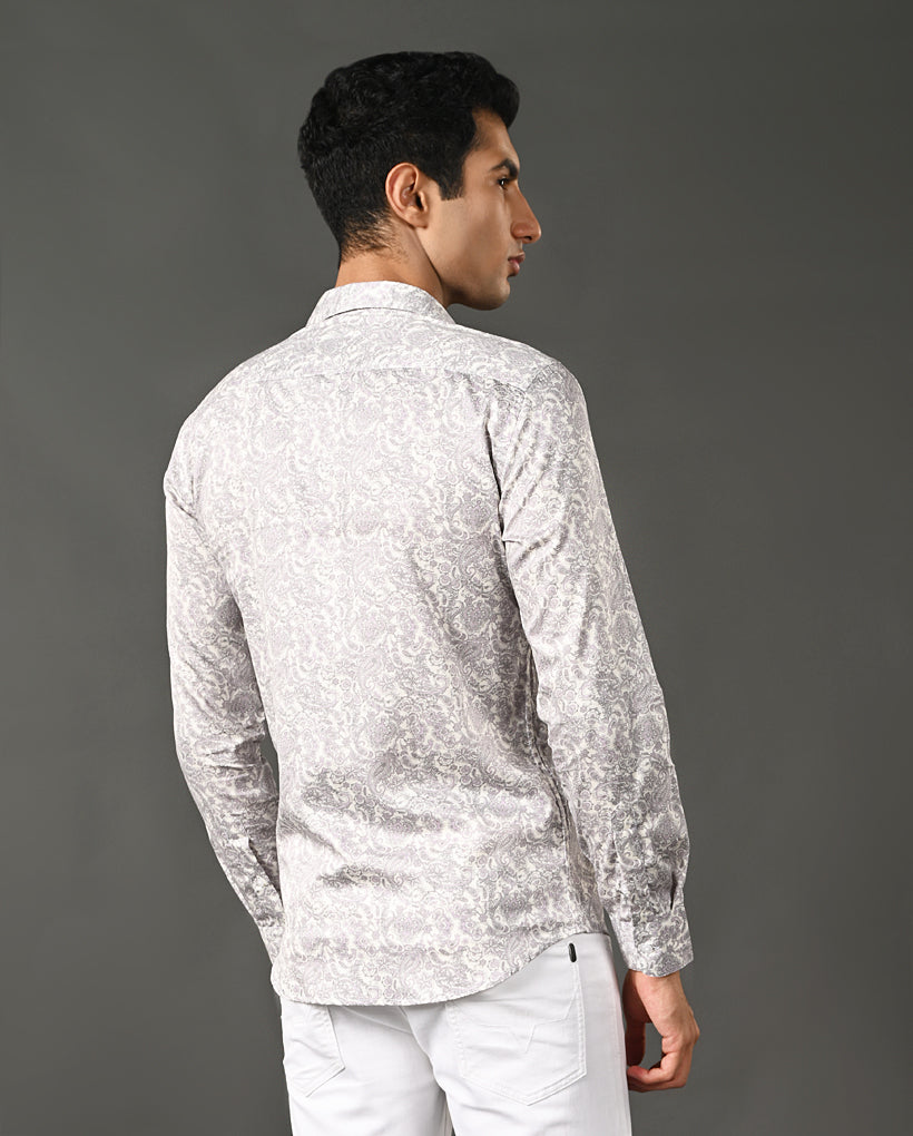 Mens Casual Pearl Cotton Blend Shirt with Grey Print