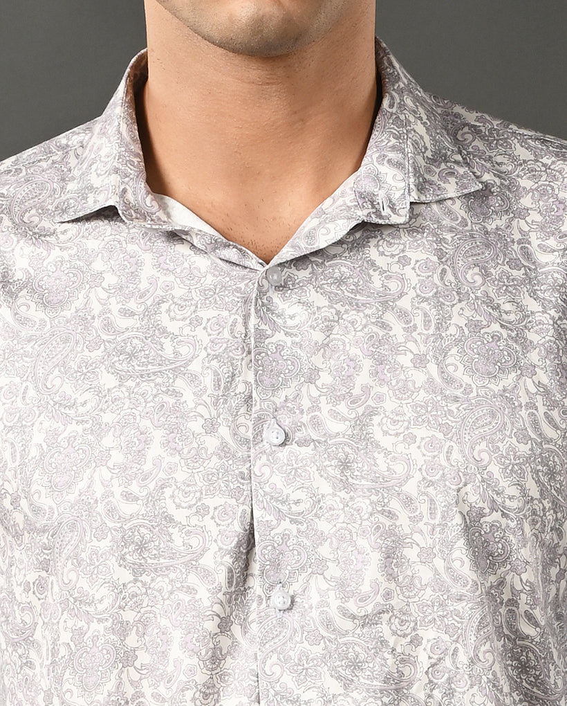 Mens Casual Pearl Cotton Blend Shirt with Grey Print