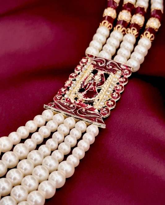 meenakari maroon pearl mala groom | red enamel wedding sherwani necklace | royal pearl mala