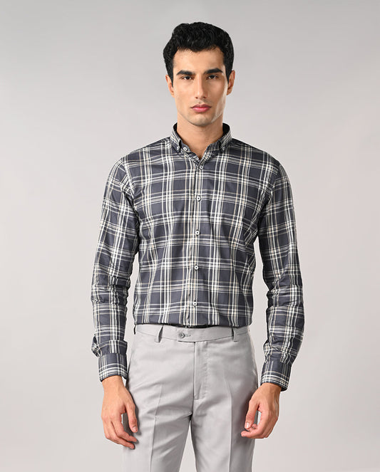 Mens Gray Checked Apple Cut Cotton Formal Shirt – Office Wear