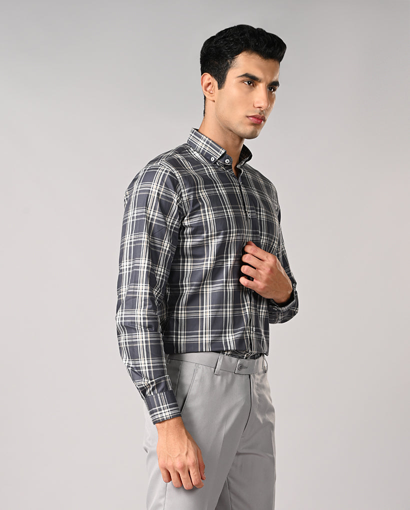 Mens Gray Checked Apple Cut Cotton Formal Shirt – Office Wear