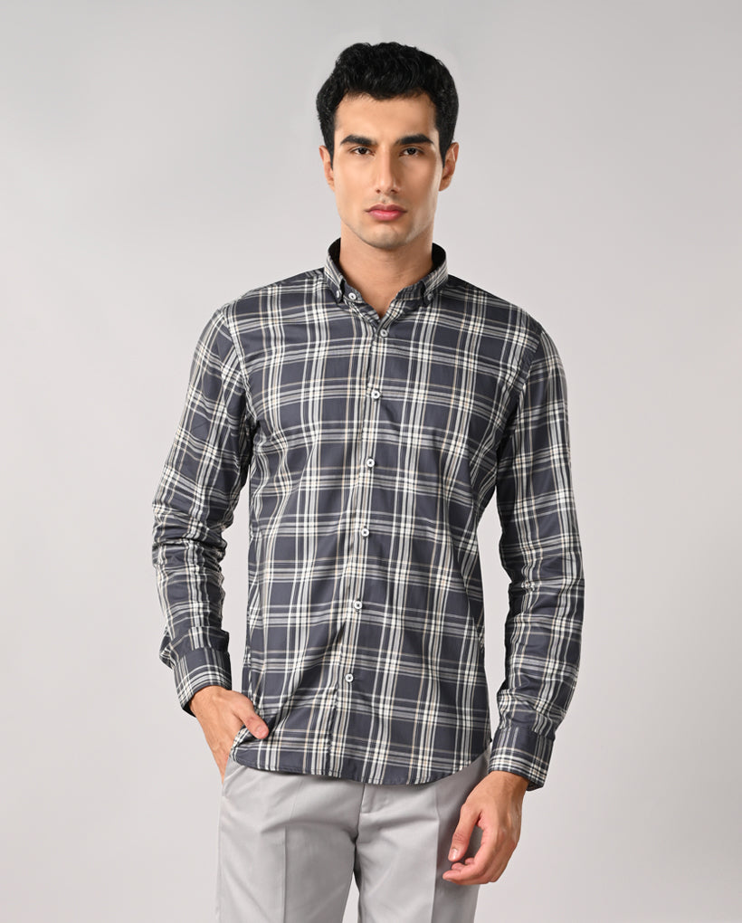 Mens Gray Checked Apple Cut Cotton Formal Shirt – Office Wear