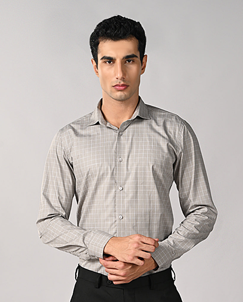 Mens Gray Checked Linen Formal Shirt – Comfortable & Stylish