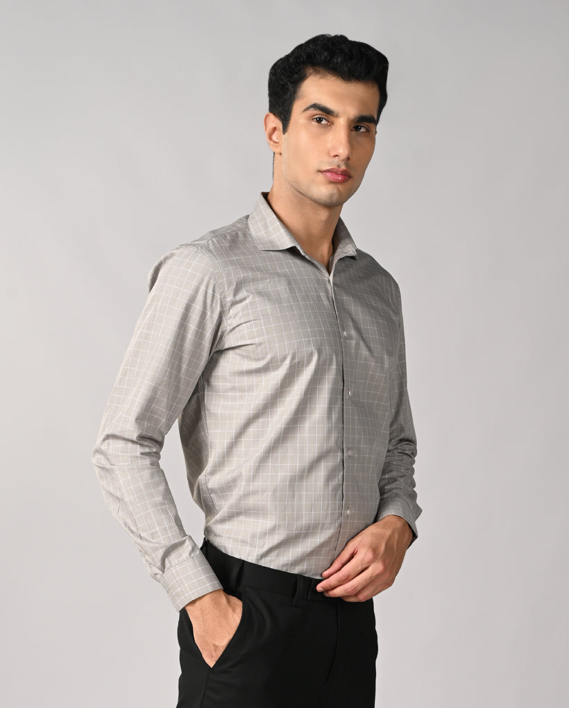 Mens Gray Checked Linen Formal Shirt – Comfortable & Stylish