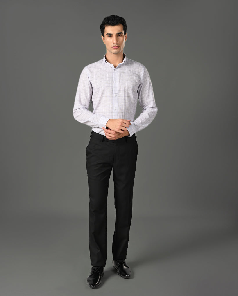 White slim fit linen formal shirt with grey line pattern and matching buttons