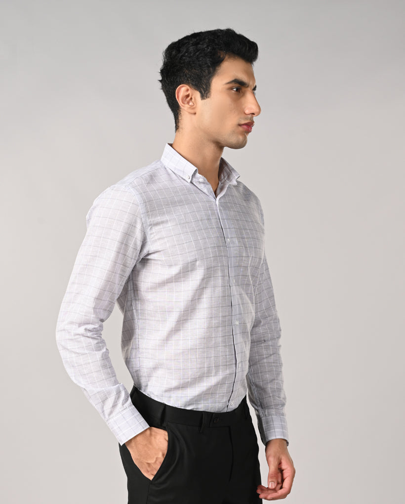 White slim fit linen formal shirt with grey line pattern and matching buttons