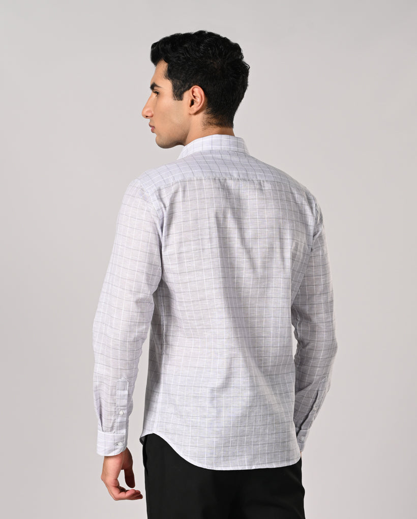 White slim fit linen formal shirt with grey line pattern and matching buttons