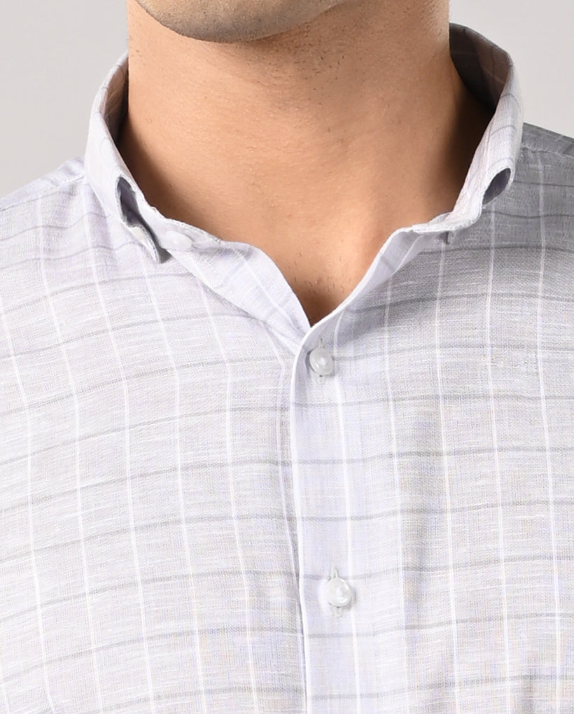 White slim fit linen formal shirt with grey line pattern and matching buttons