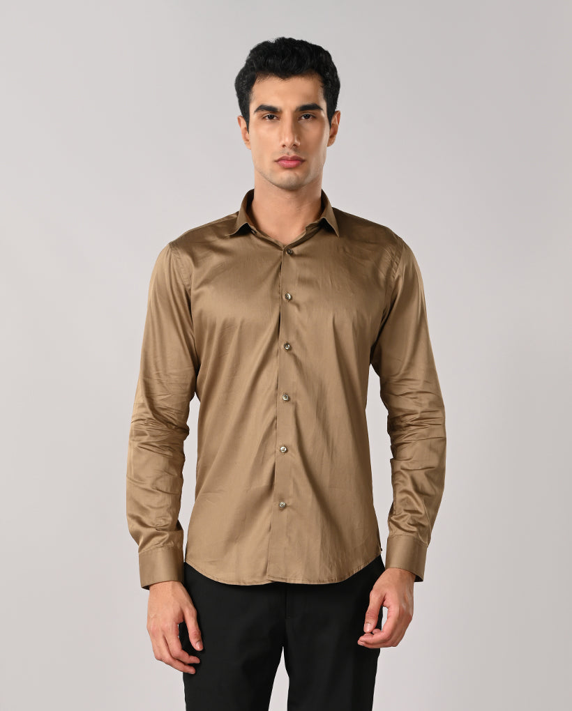 Mens Khaki Green Apple Cut Formal Shirt – Stylish Office Fit