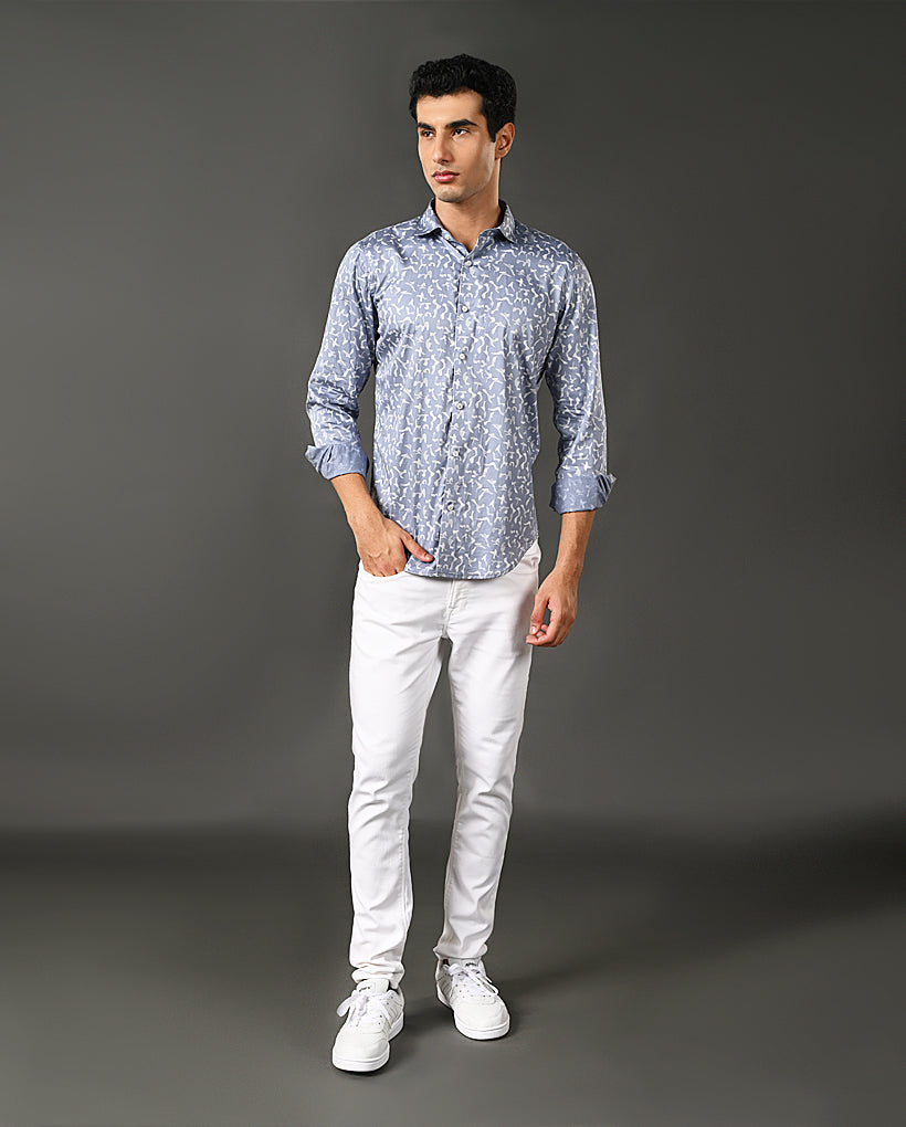 Mens Casual Blue Cotton Blend Shirt with Offwhite Print