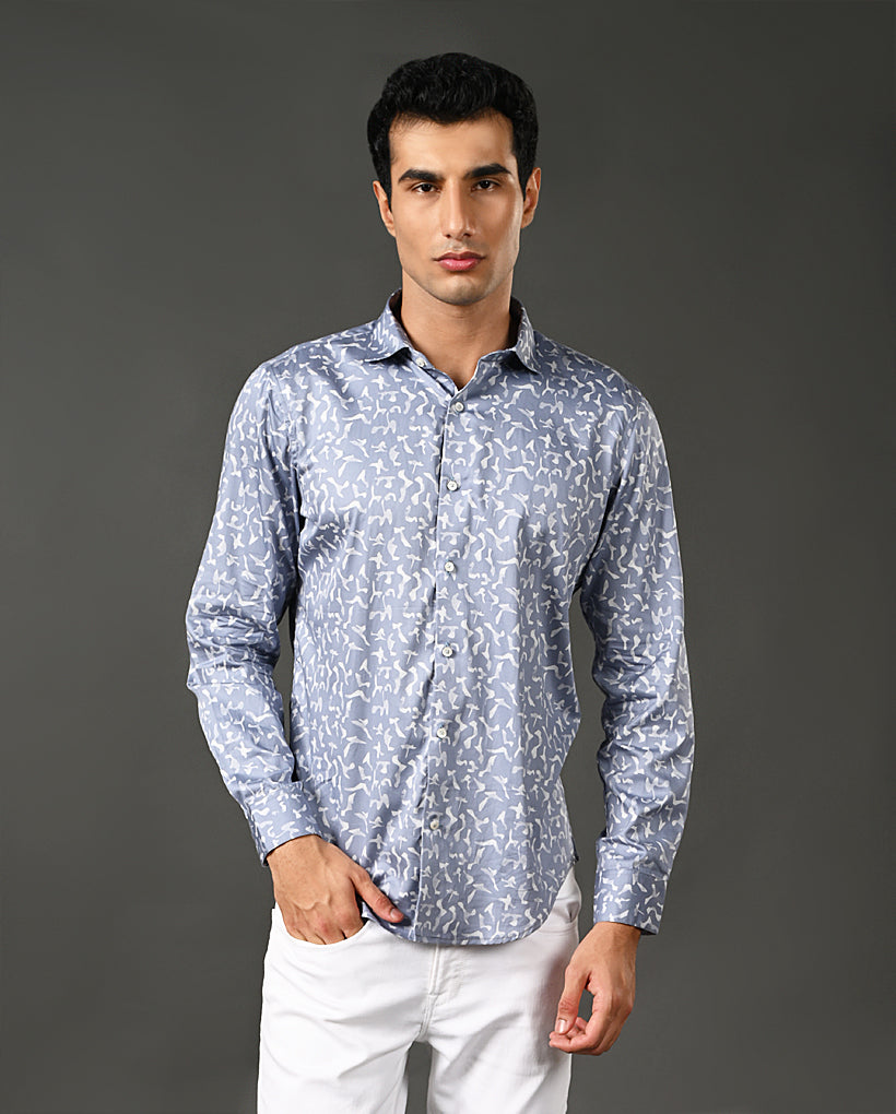 Mens Casual Blue Cotton Blend Shirt with Offwhite Print