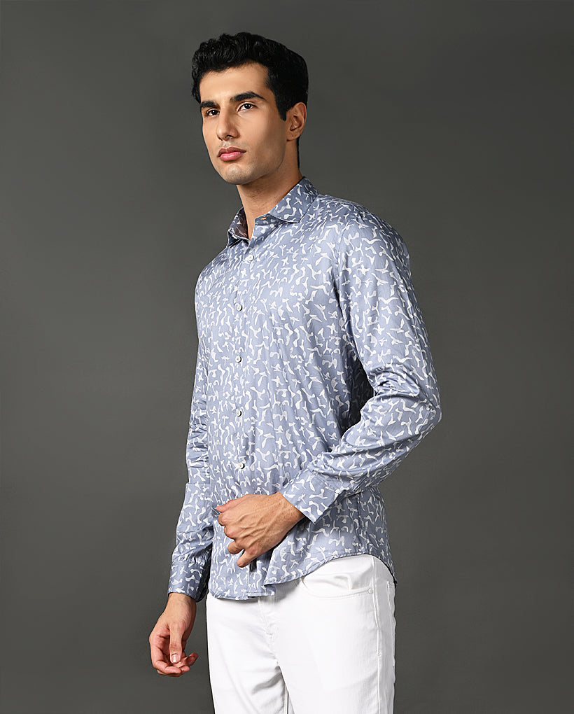 Mens Casual Blue Cotton Blend Shirt with Offwhite Print