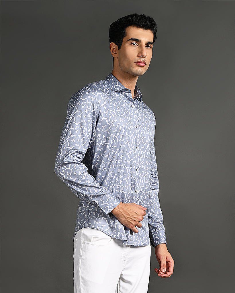 Mens Casual Blue Cotton Blend Shirt with Offwhite Print