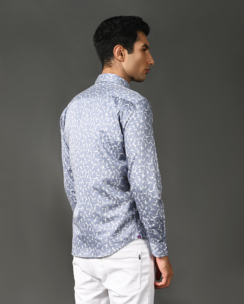 Mens Casual Blue Cotton Blend Shirt with Offwhite Print