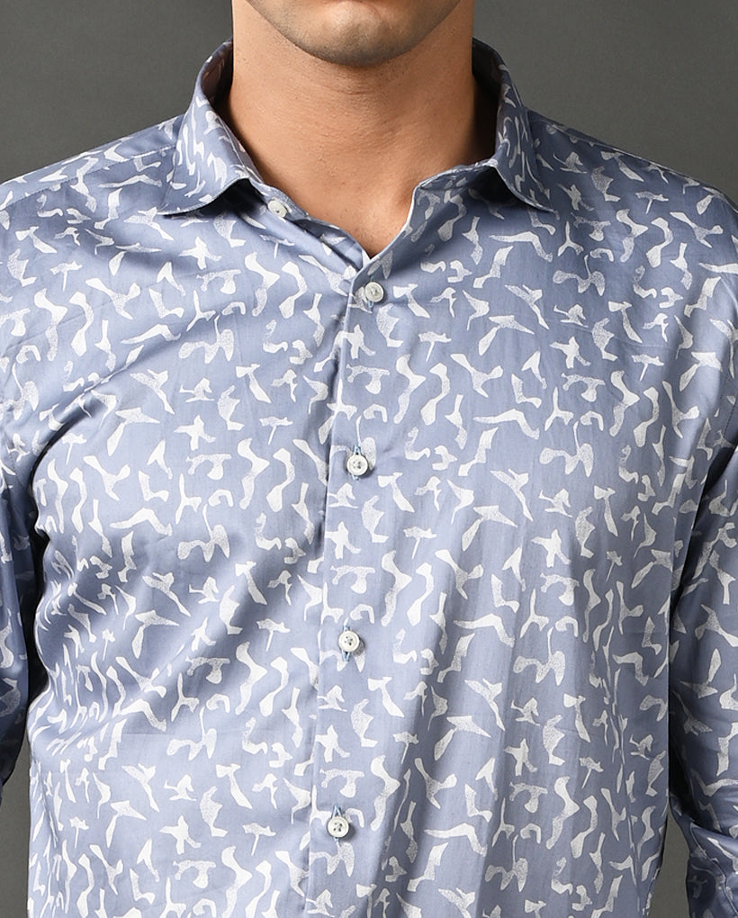 Mens Casual Blue Cotton Blend Shirt with Offwhite Print