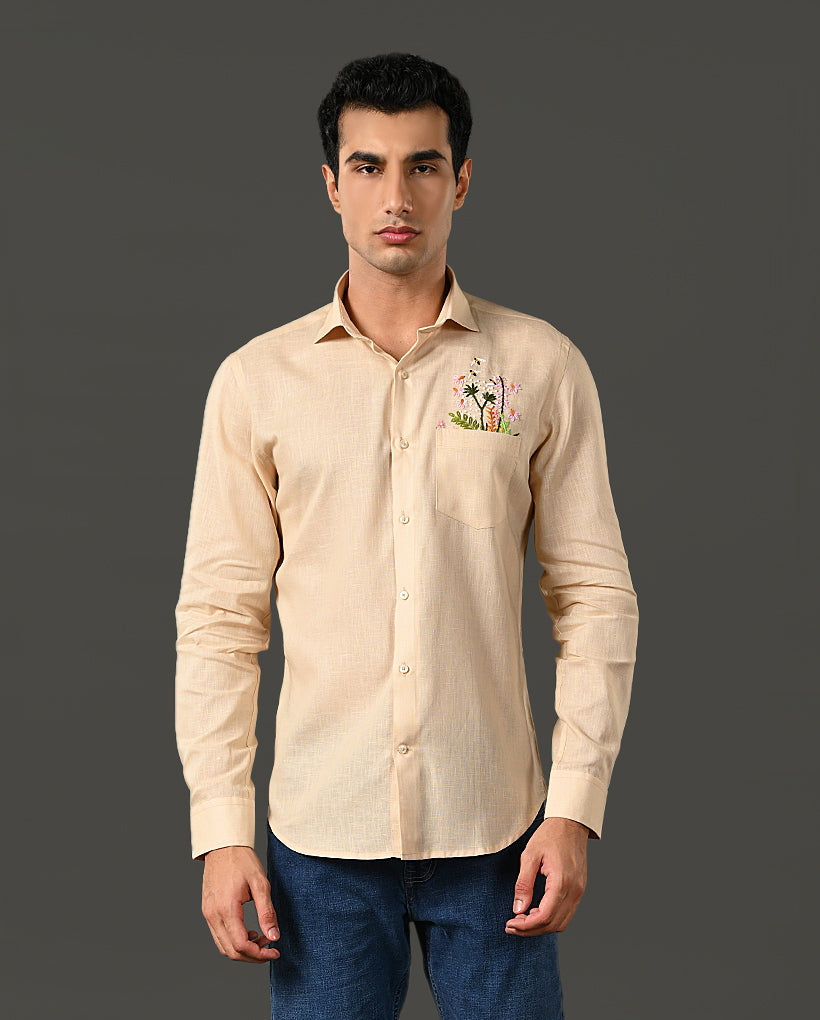 Mens Designer Pearl Linen Blend Shirt with Pocket Embroidery