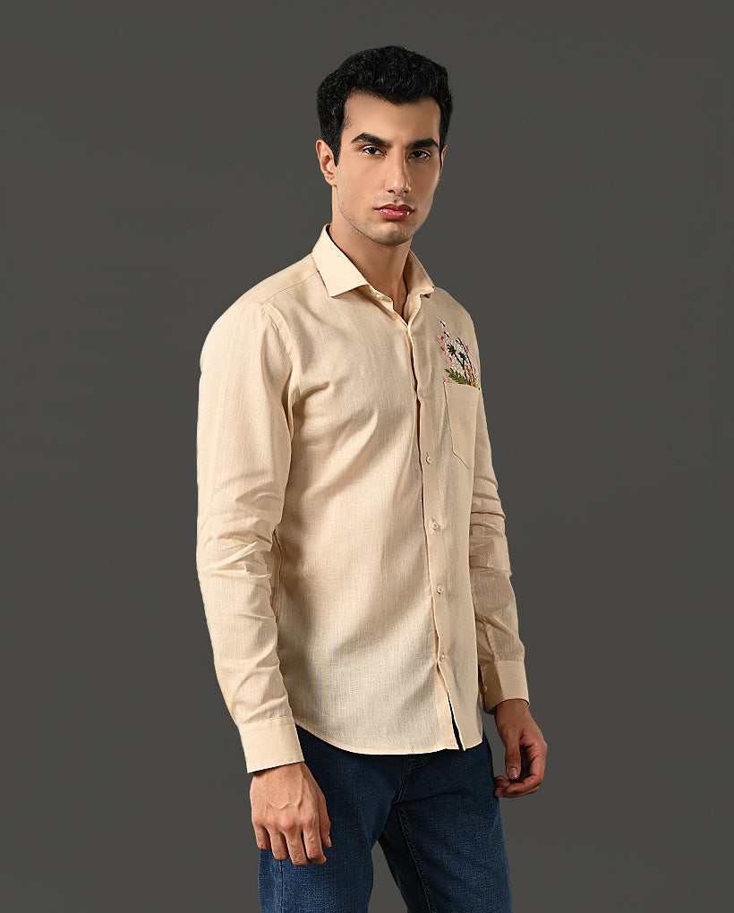Mens Designer Pearl Linen Blend Shirt with Pocket Embroidery