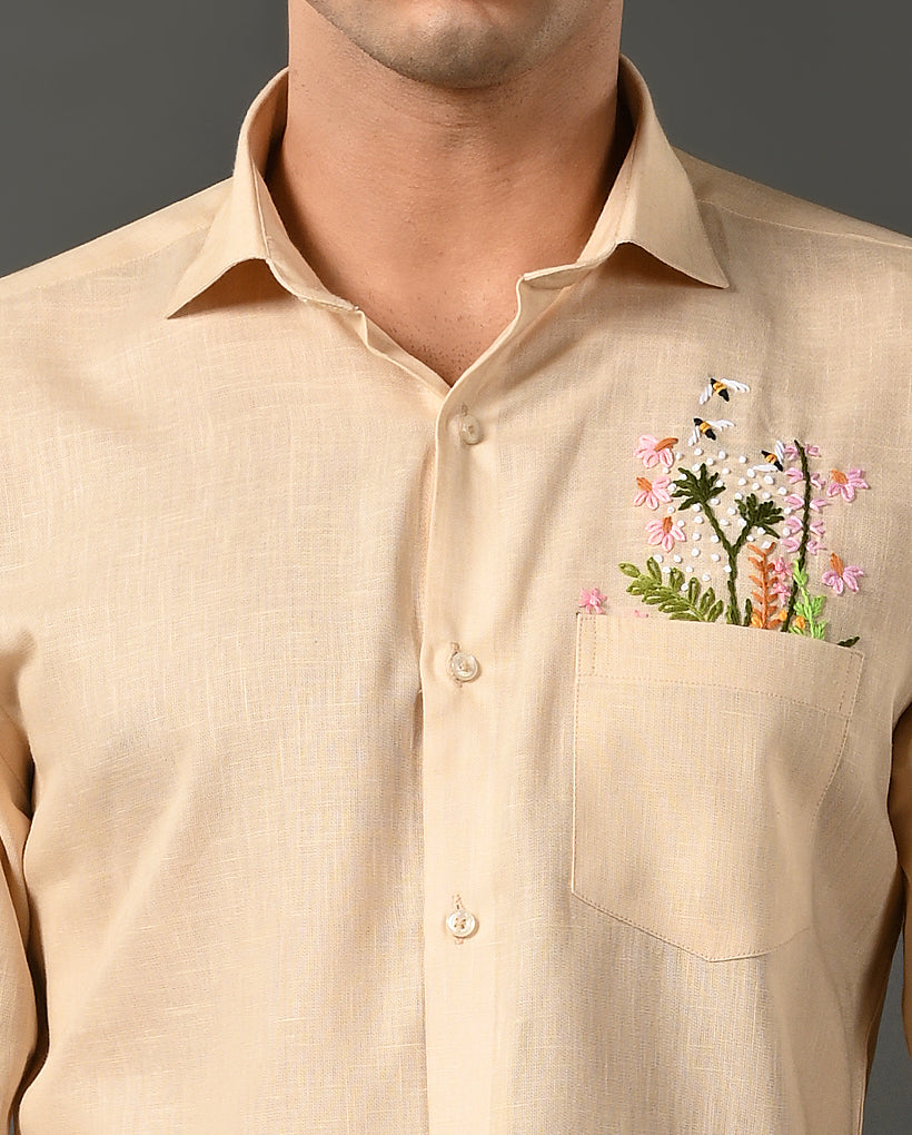 Mens Designer Pearl Linen Blend Shirt with Pocket Embroidery