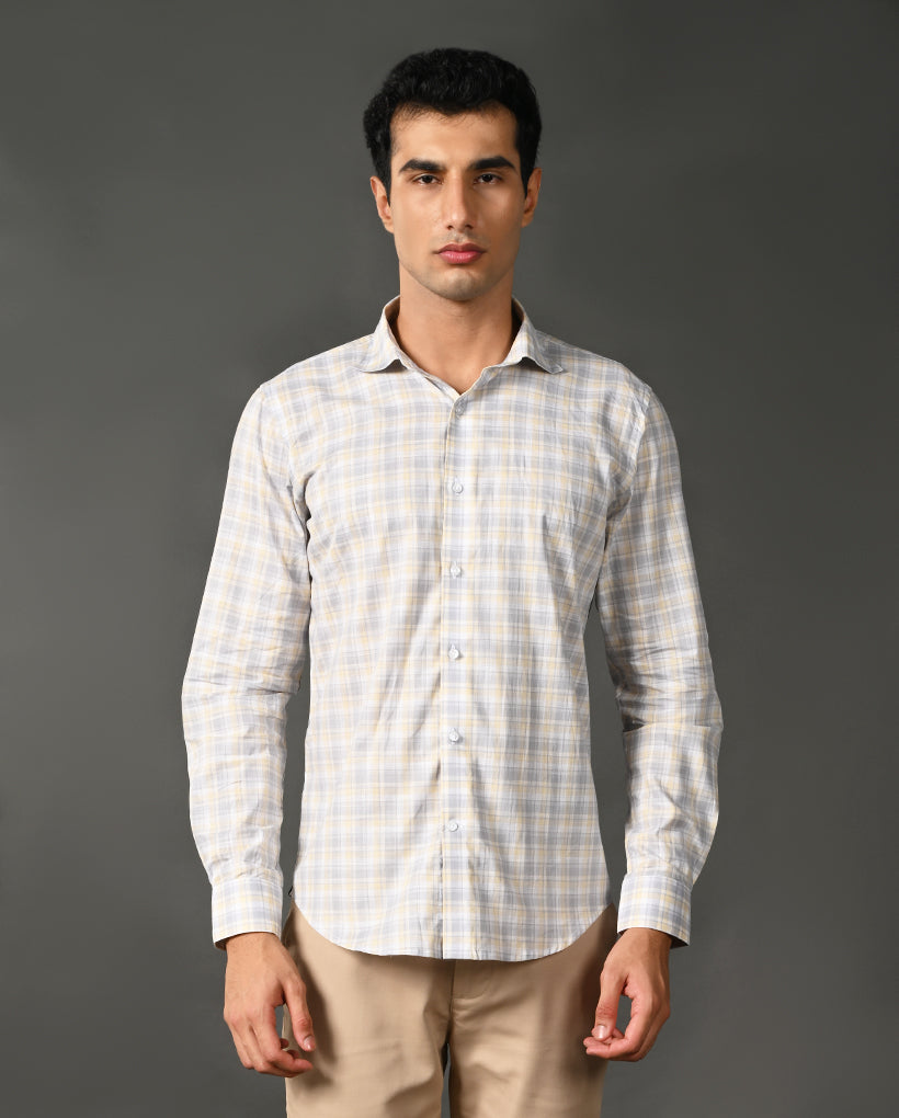 grey yellow checks formal shirt men cotton