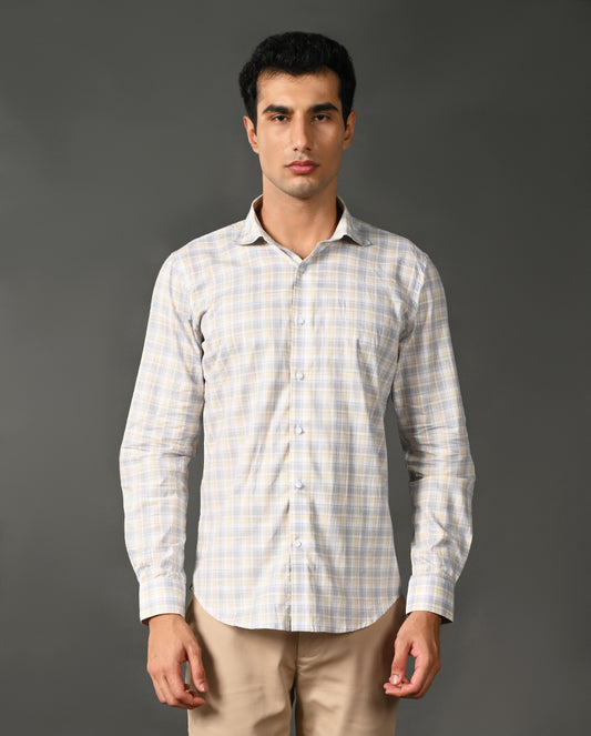 grey yellow checks formal shirt men cotton