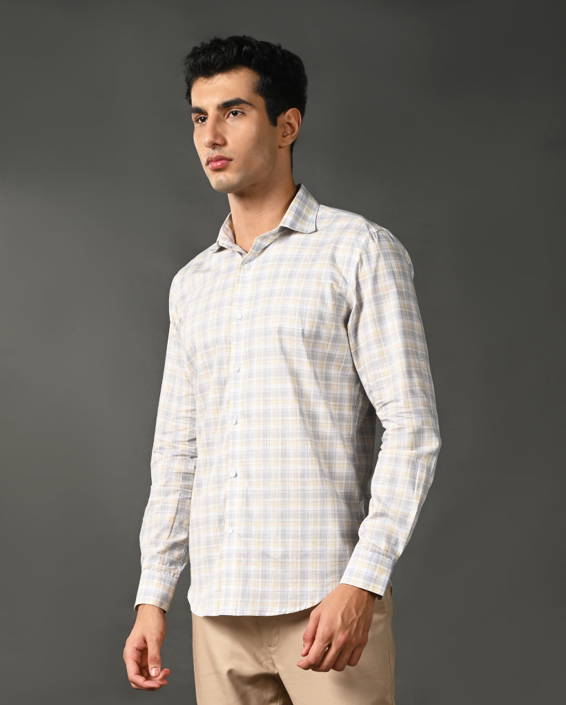 grey yellow checks formal shirt men cotton