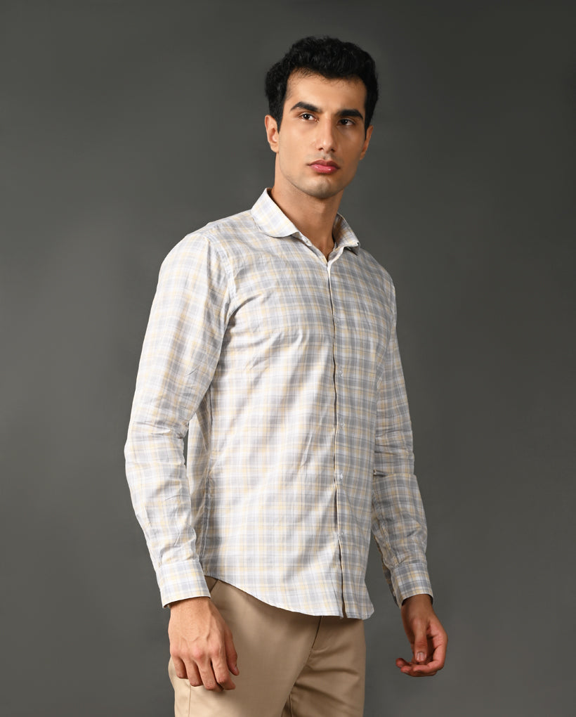 grey yellow checks formal shirt men cotton
