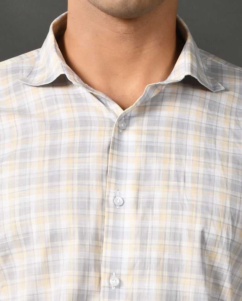 grey yellow checks formal shirt men cotton