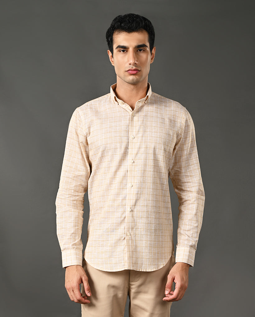 Mens Formal Khaki Linen Shirt- with Checks
