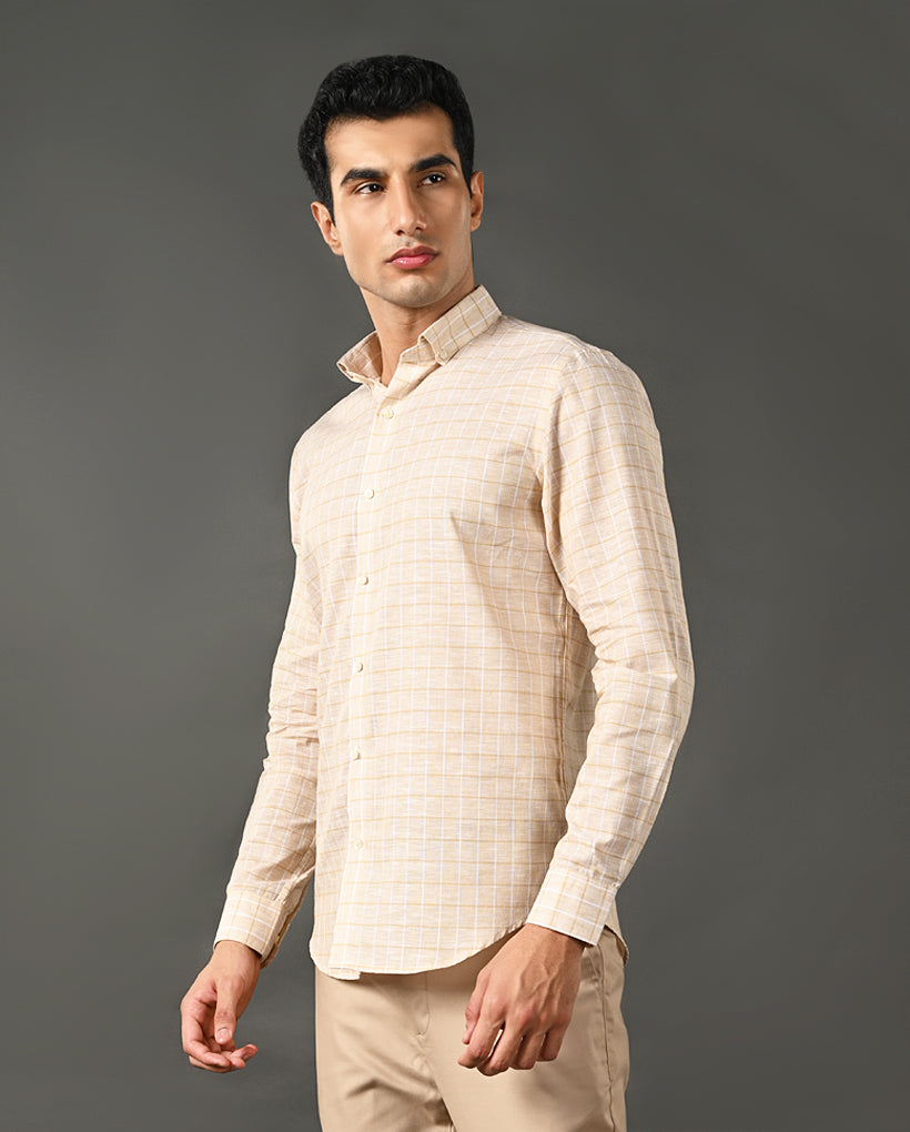 Mens Formal Khaki Linen Shirt- with Checks