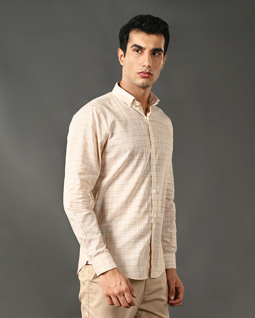 Mens Formal Khaki Linen Shirt- with Checks