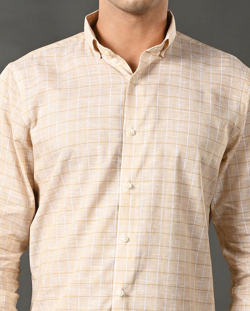 Mens Formal Khaki Linen Shirt- with Checks