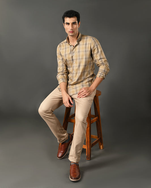 Mens Formal Mustard Yellow Pure Cotton Shirt with Checks