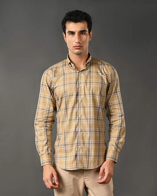 Mens Formal Mustard Yellow Pure Cotton Shirt with Checks